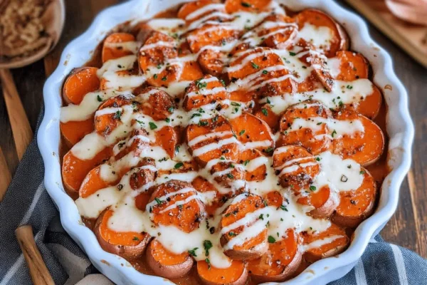 Best scalloped sweet potatoes recipe with brown sugar, served as a side dish.