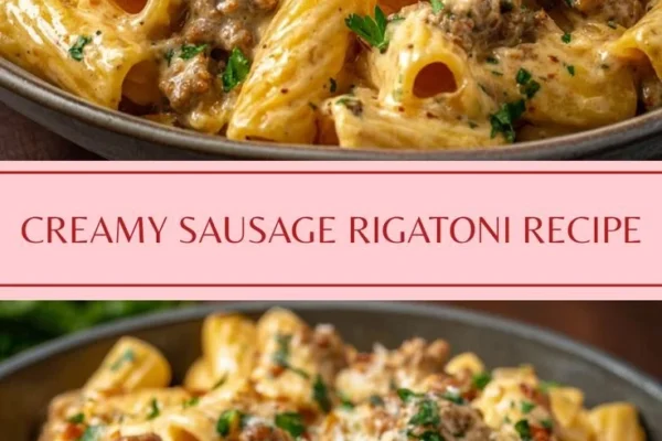 Creamy Italian sausage rigatoni served in a bowl with fresh herbs.