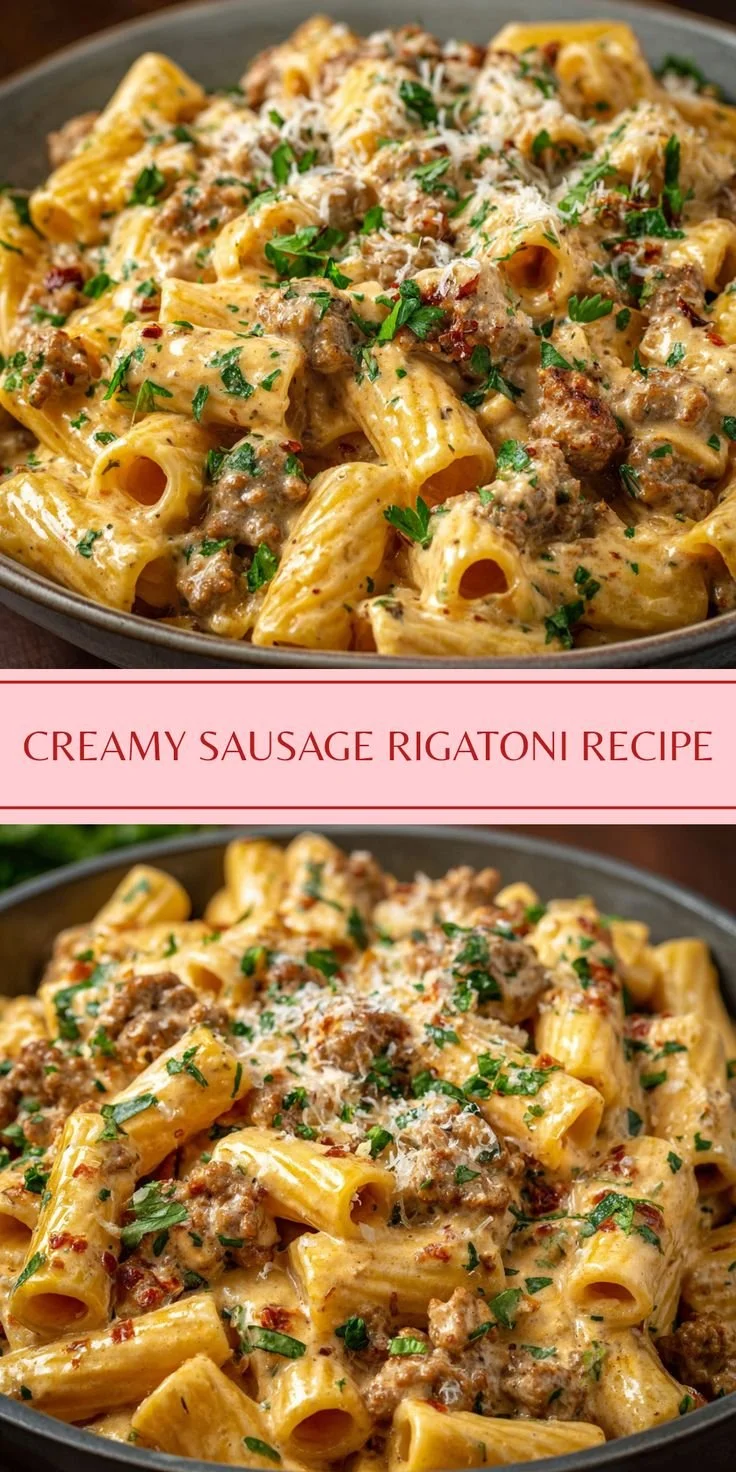 Creamy Italian sausage rigatoni served in a bowl with fresh herbs.