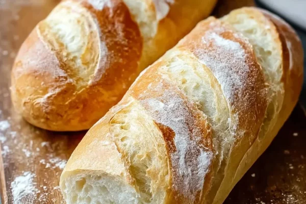 Freshly baked homemade French bread on a wooden table.