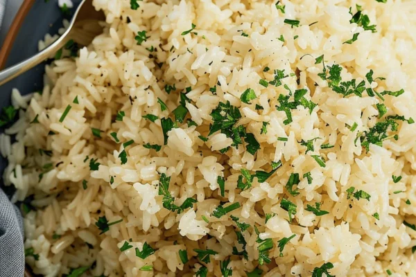 Delicious garlic butter rice garnished with fresh herbs